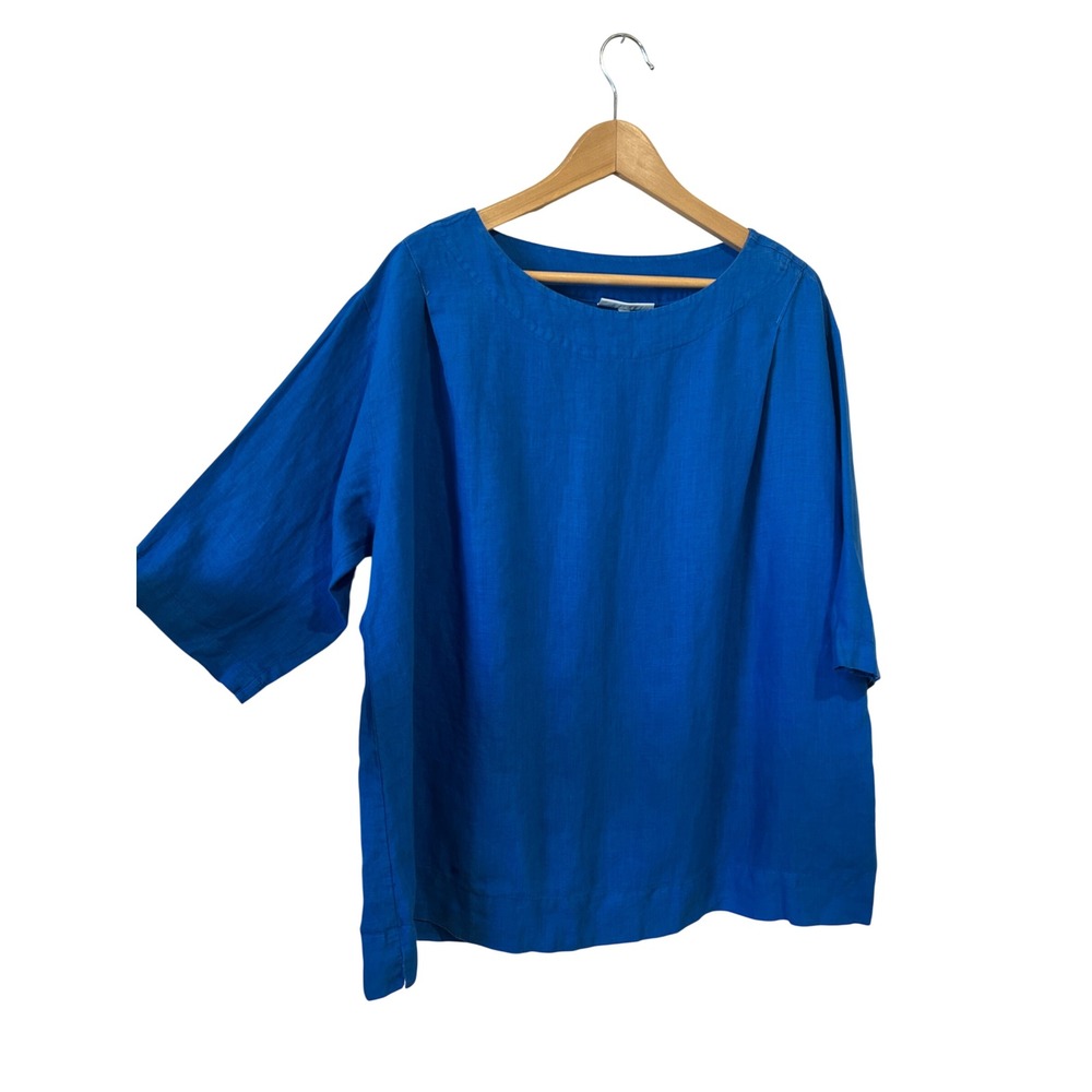 Bryn Walker Top Sz S Bright Blue Linen Boxy Boat Neck Lagenlook Coastal Beach